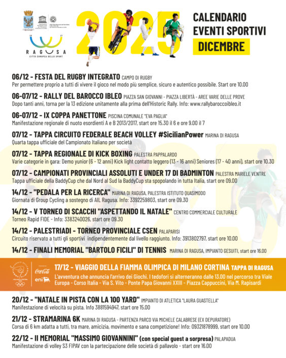 05.12.2025 Calendario eventi sportivi del mese di dicembre 2025